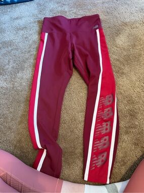 New Balance Burgundy Athletic Leggings with White Side Stripes